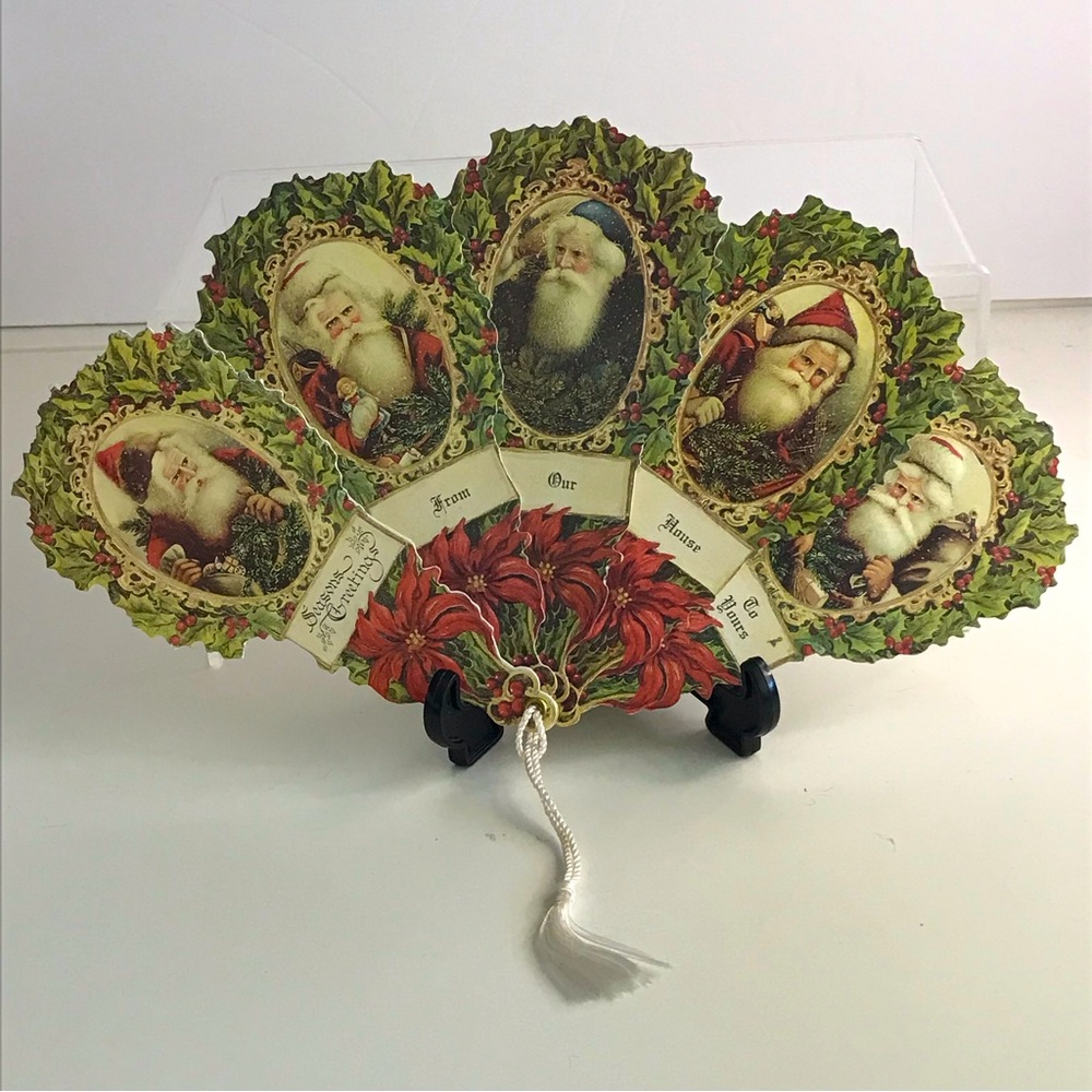 OLD PRINT FACTORY Reproduction Paper & Ribbon Victorian Embossed Hand Fan - VTG